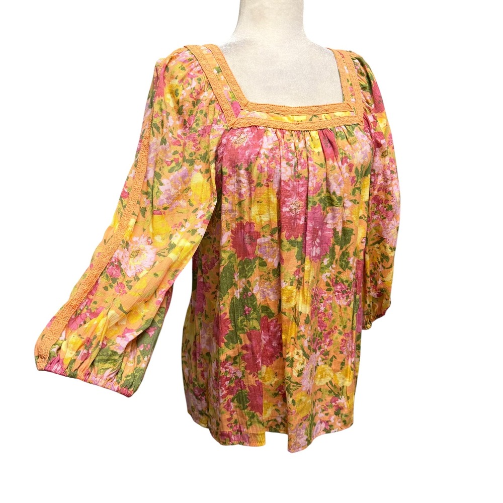 Womens S Top Pink Floral Boho Square Neck Crochet Feminine Cottagecore Peasant